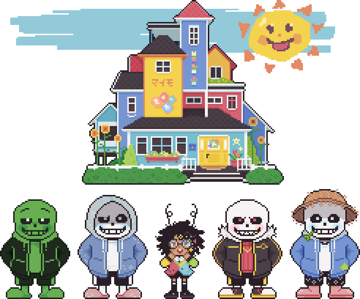 MIMO and her captives stand in front of her colourful playhouse